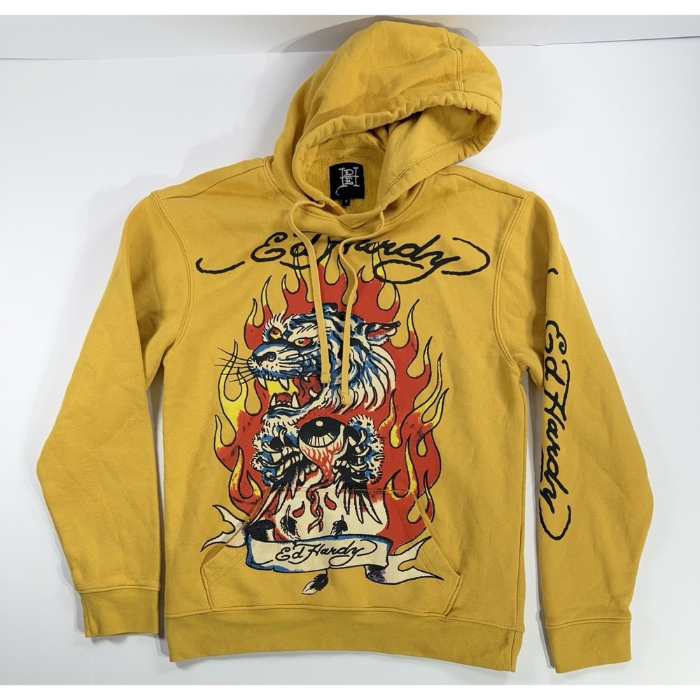 Ed‎ Hardy Yellow Pullover Hoodie Tiger Eye Flame Graphic Small